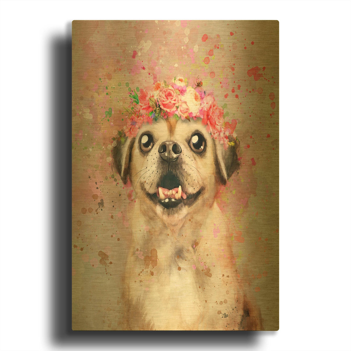 'Flower Crown Puggle' By Furbaby Affiliates Gold Metal Wall Art