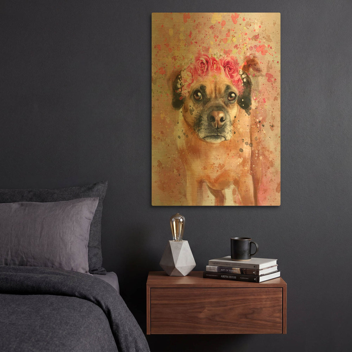 'Flower Crown Puggle 2' By Furbaby Affiliates Gold Metal Wall Art