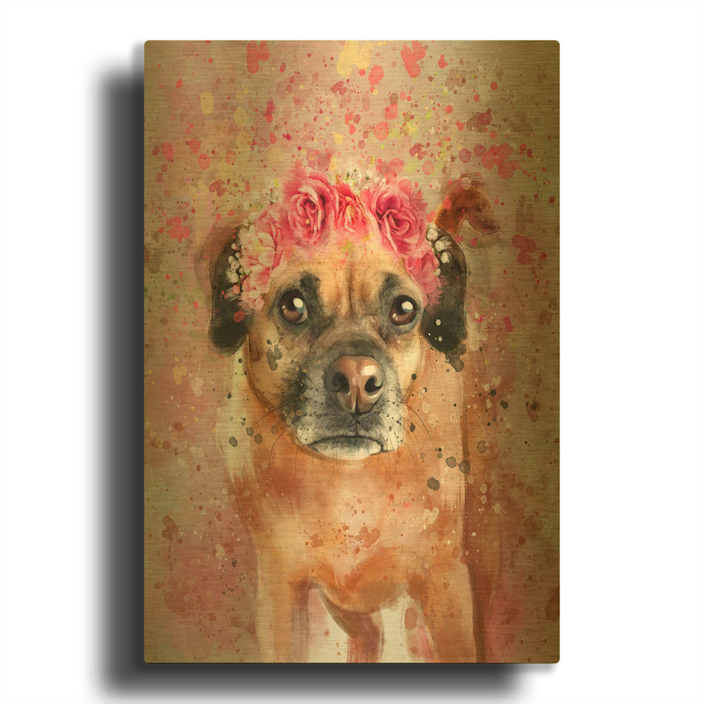 'Flower Crown Puggle 2' By Furbaby Affiliates Gold Metal Wall Art