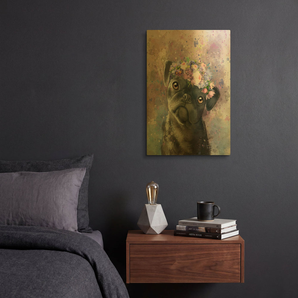 'Flower Crown Pug' By Furbaby Affiliates Gold Metal Wall Art