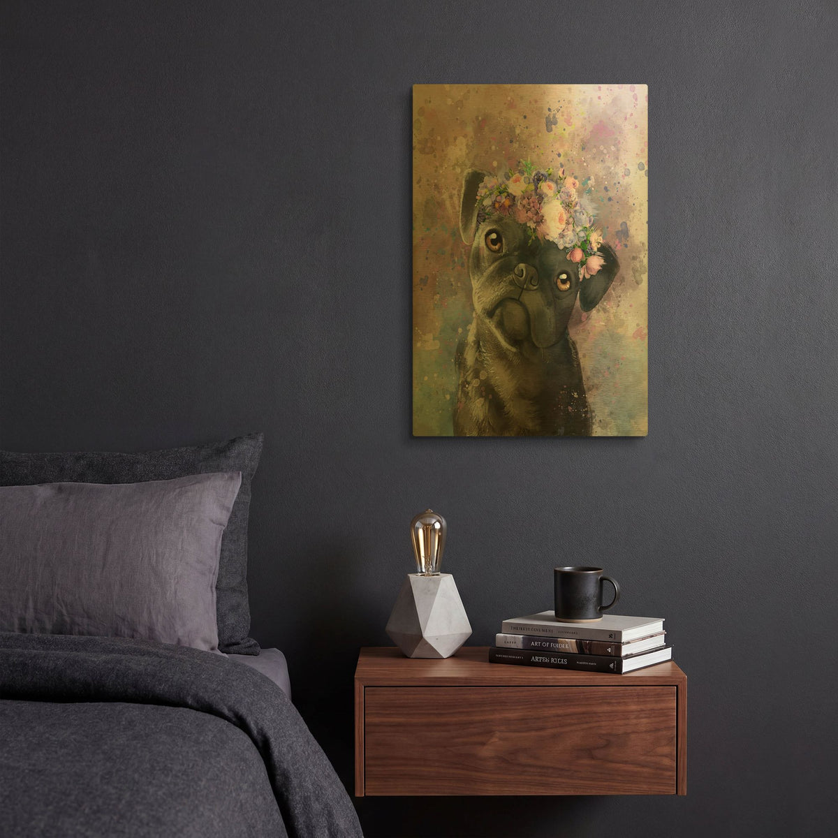 'Flower Crown Pug' By Furbaby Affiliates Gold Metal Wall Art