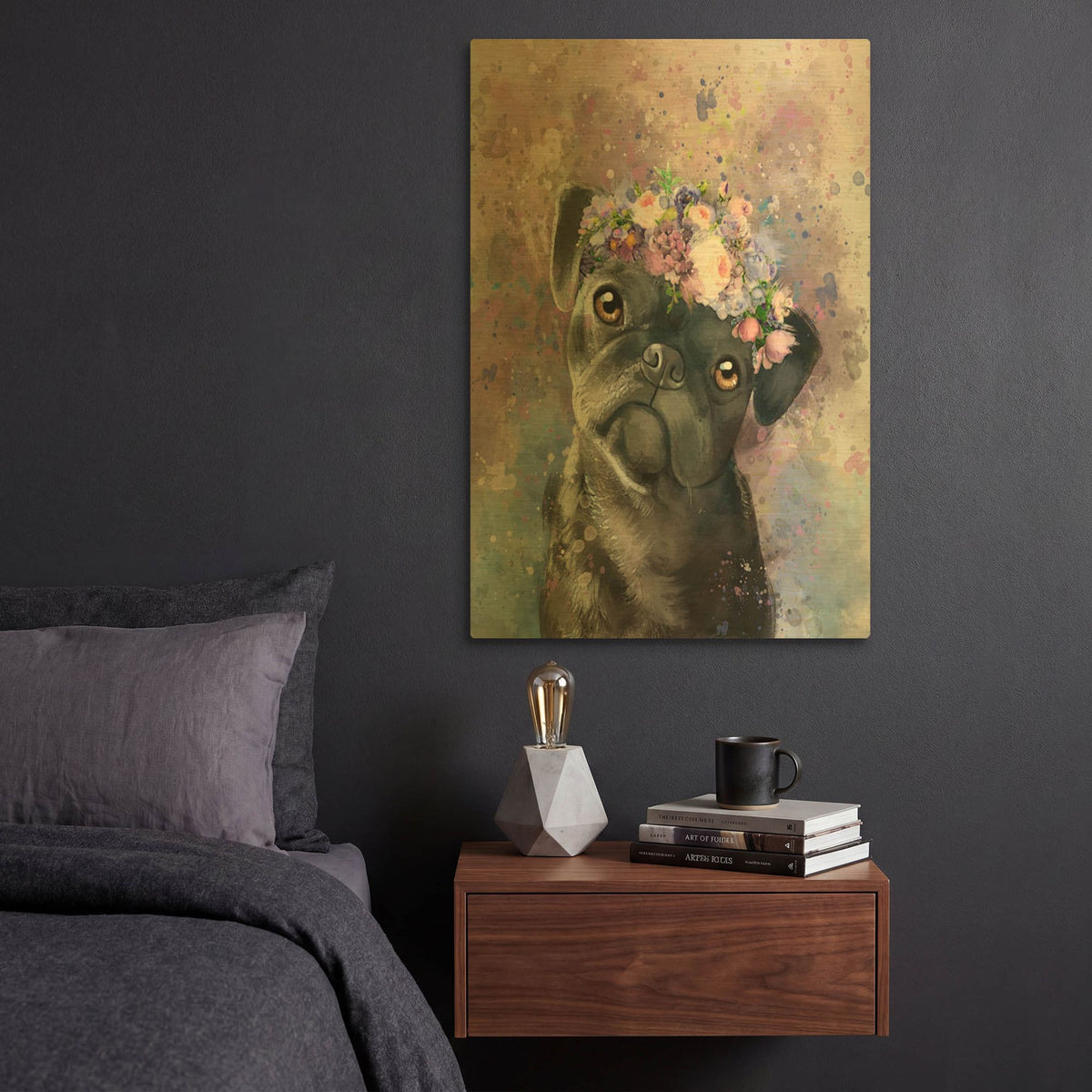 'Flower Crown Pug' By Furbaby Affiliates Gold Metal Wall Art