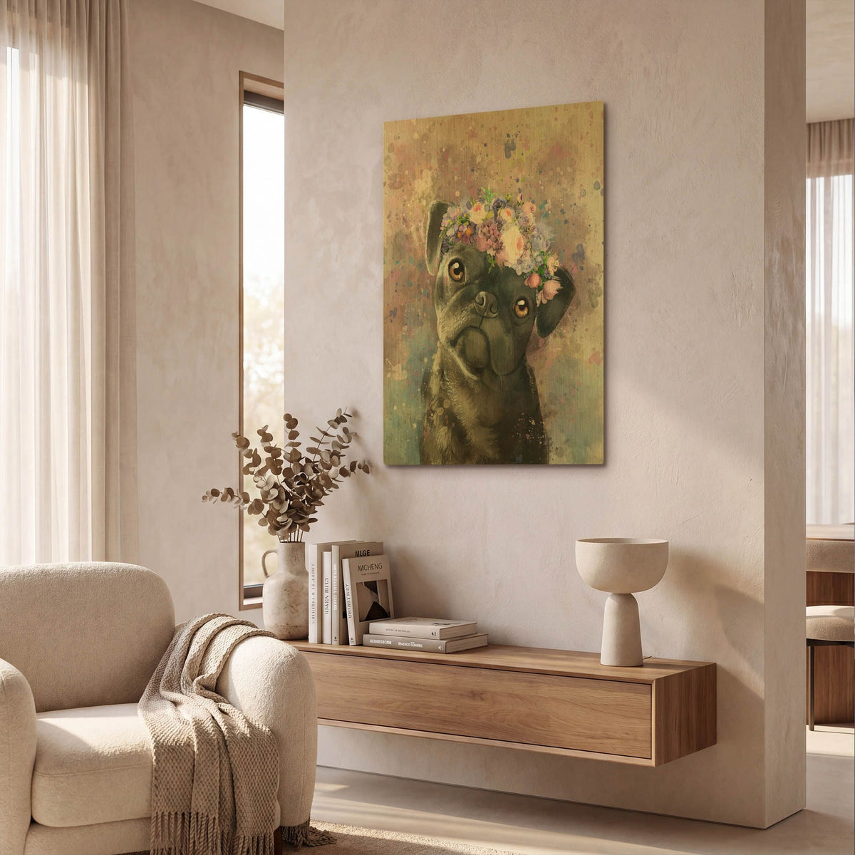 'Flower Crown Pug' By Furbaby Affiliates Gold Metal Wall Art