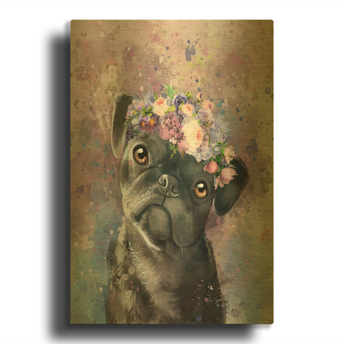 'Flower Crown Pug' By Furbaby Affiliates Gold Metal Wall Art