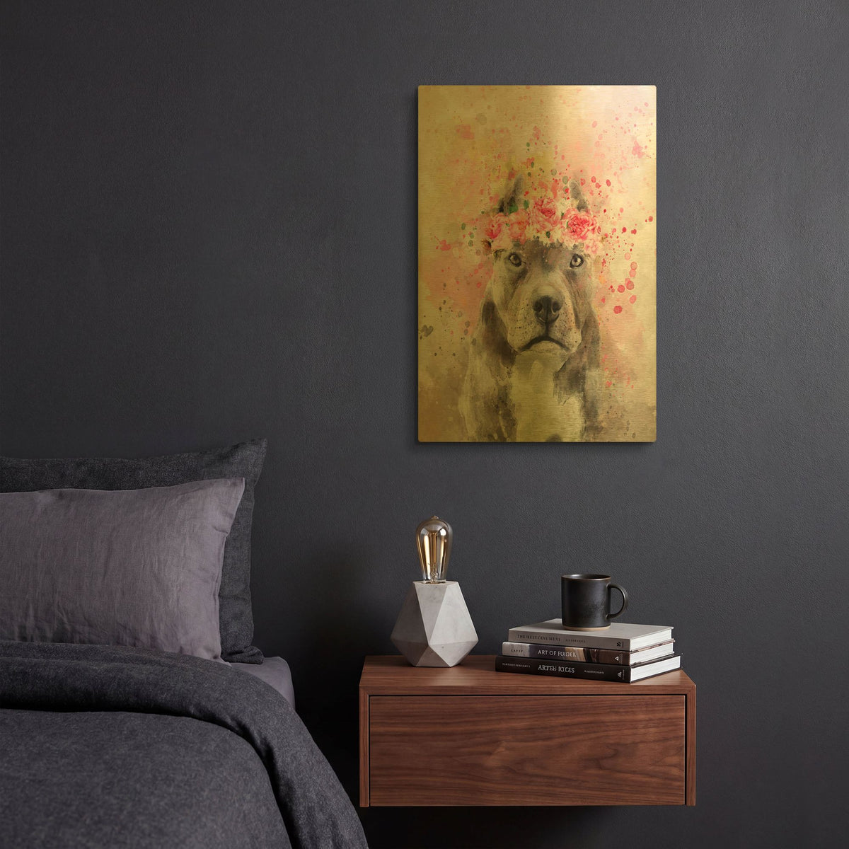 'Flower Crown Pit Bull' By Furbaby Affiliates Gold Metal Wall Art