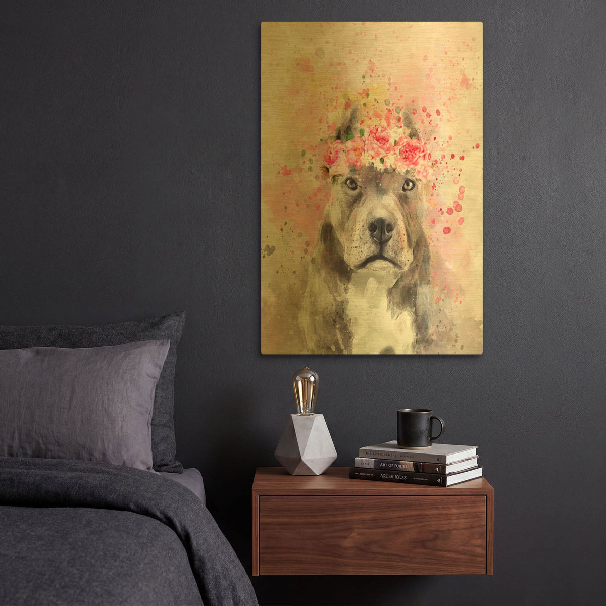 'Flower Crown Pit Bull' By Furbaby Affiliates Gold Metal Wall Art