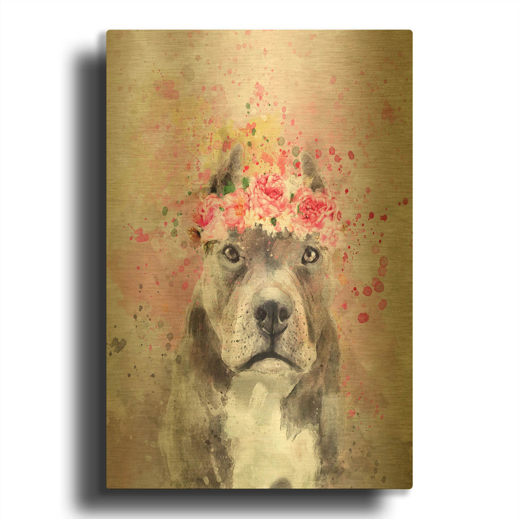 'Flower Crown Pit Bull' By Furbaby Affiliates Gold Metal Wall Art