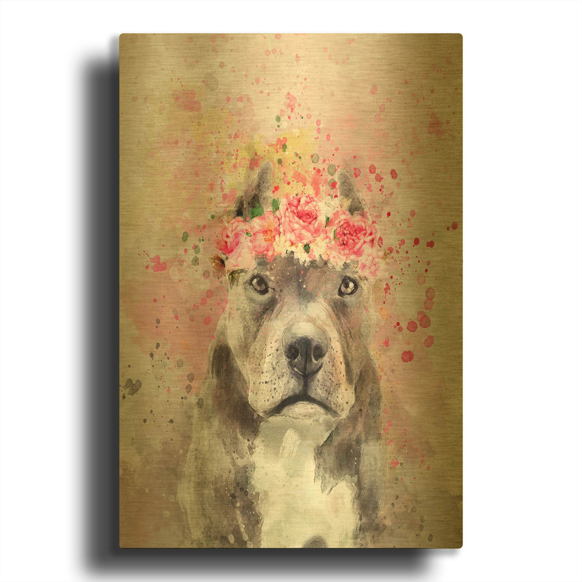 'Flower Crown Pit Bull' By Furbaby Affiliates Gold Metal Wall Art