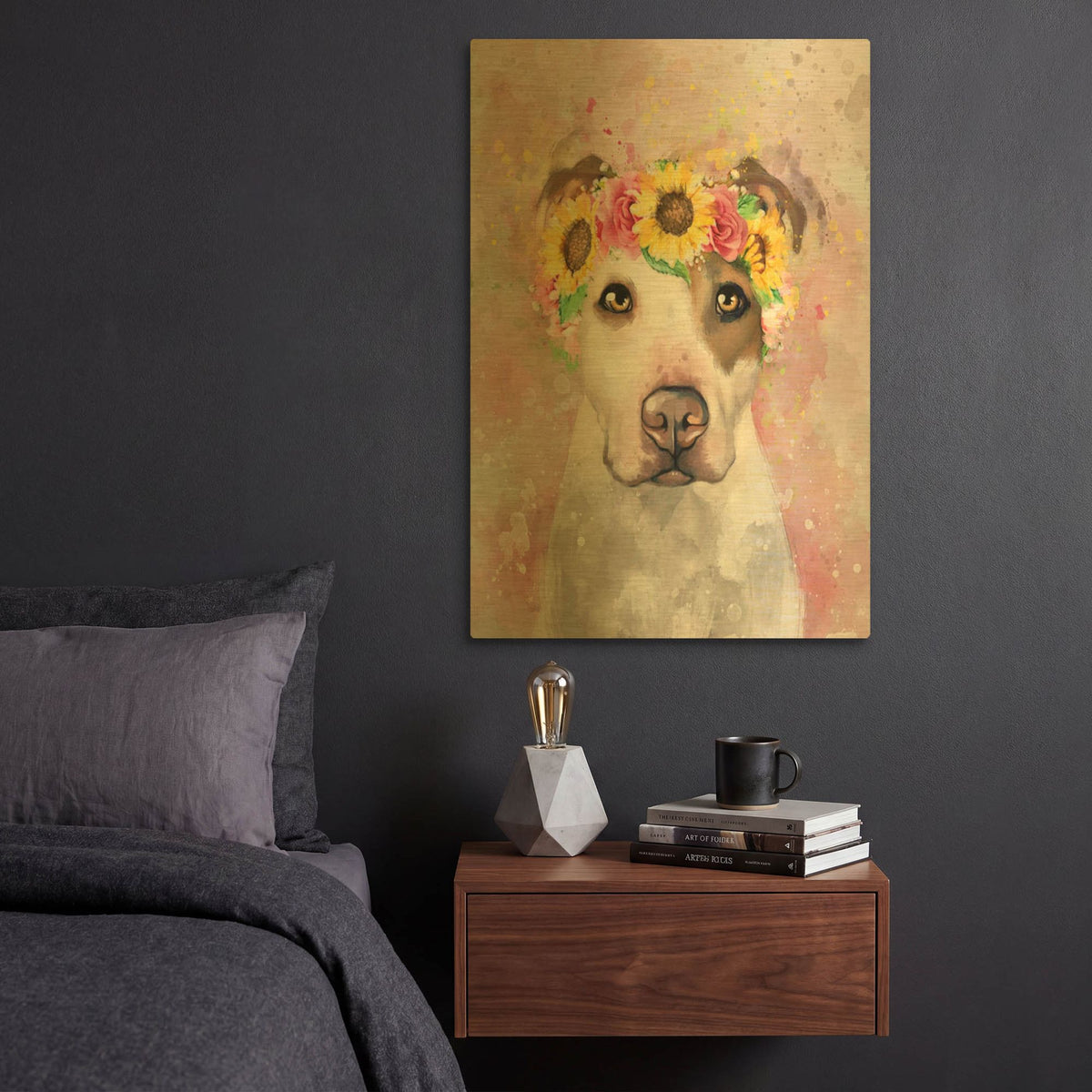 'Flower Crown Pit Bull 7' By Furbaby Affiliates Gold Metal Wall Art