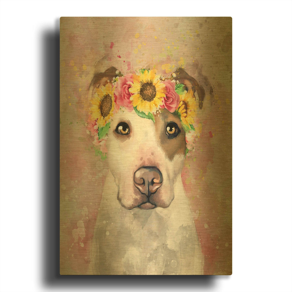 'Flower Crown Pit Bull 7' By Furbaby Affiliates Gold Metal Wall Art