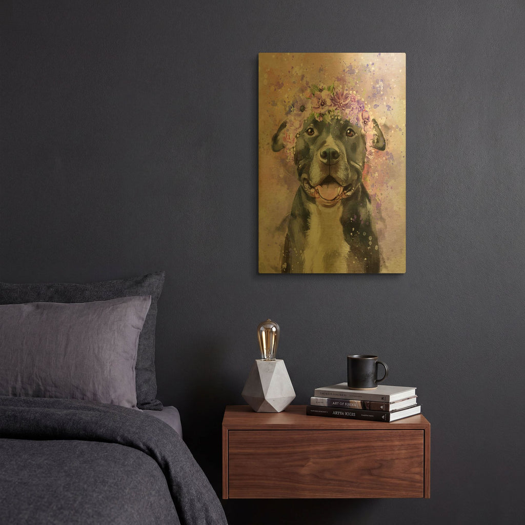 'Flower Crown Pit Bull 6' By Furbaby Affiliates Gold Metal Wall Art