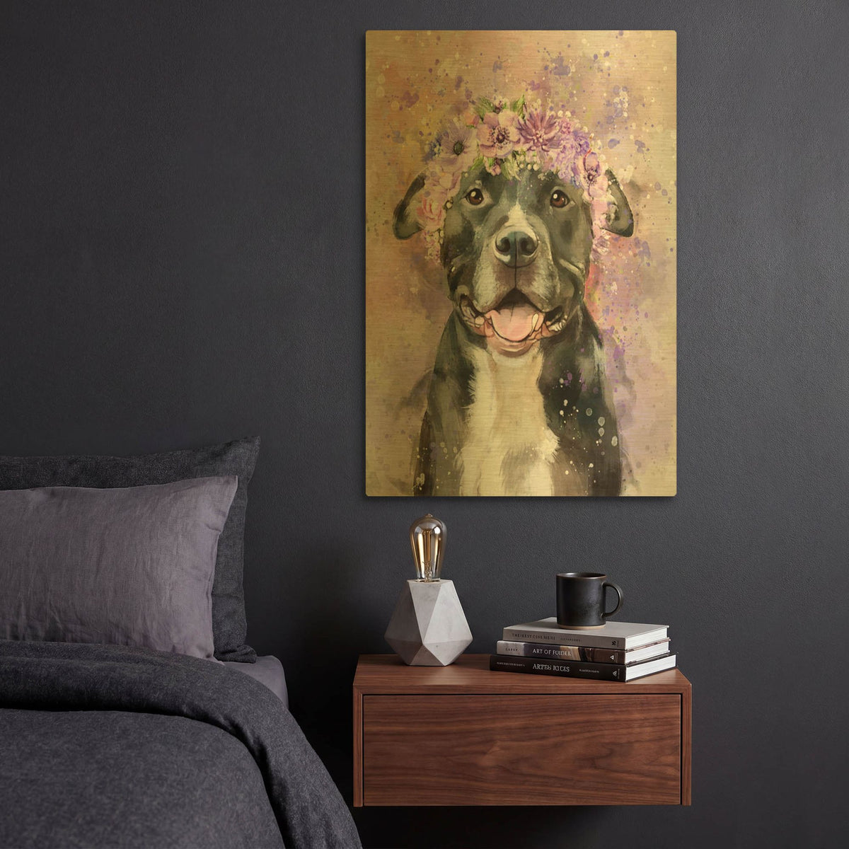 'Flower Crown Pit Bull 6' By Furbaby Affiliates Gold Metal Wall Art