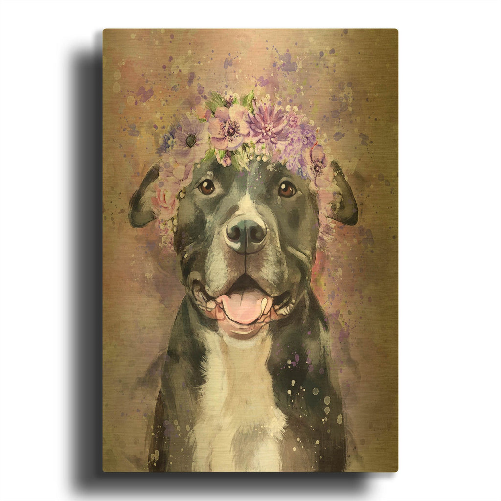 'Flower Crown Pit Bull 6' By Furbaby Affiliates Gold Metal Wall Art