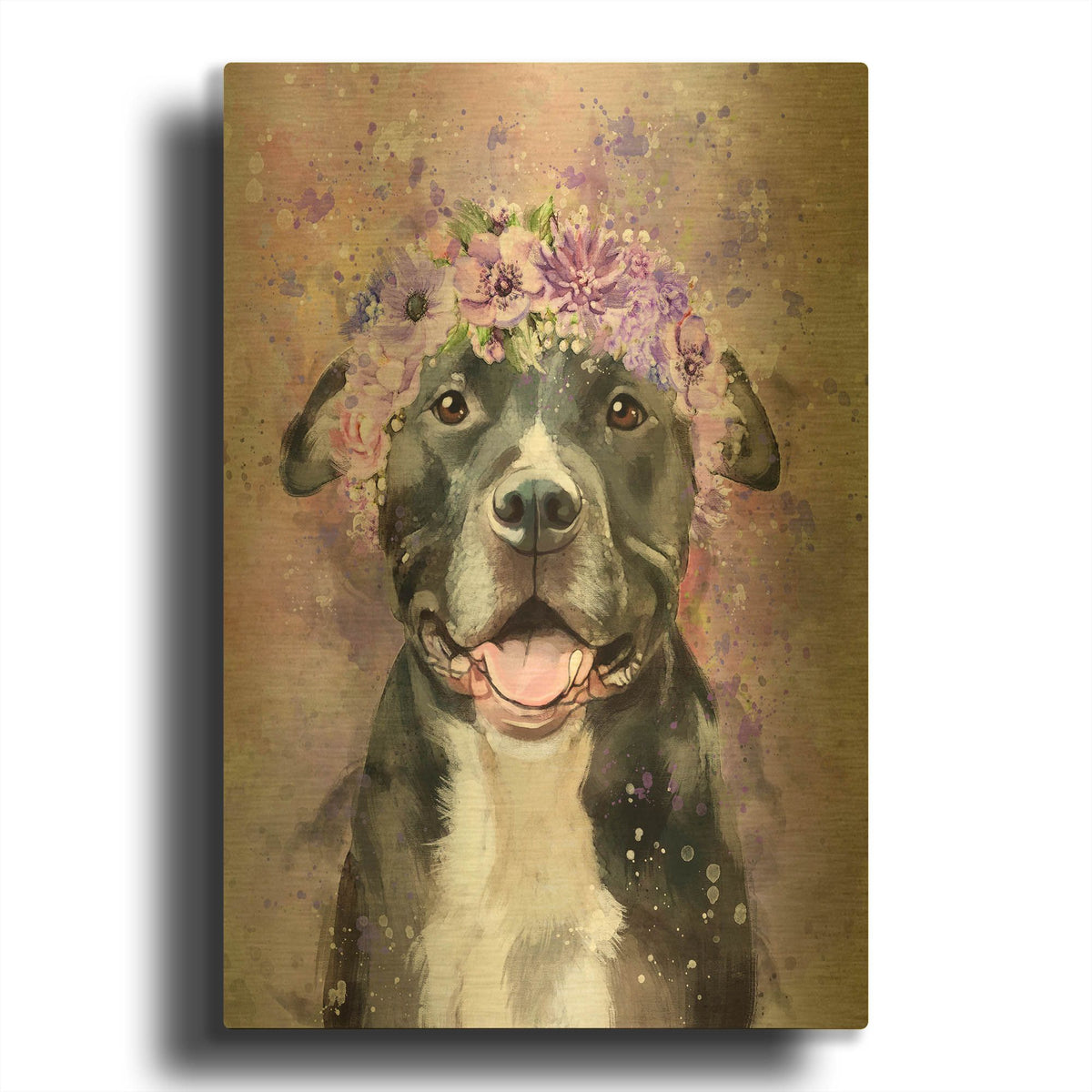 'Flower Crown Pit Bull 6' By Furbaby Affiliates Gold Metal Wall Art