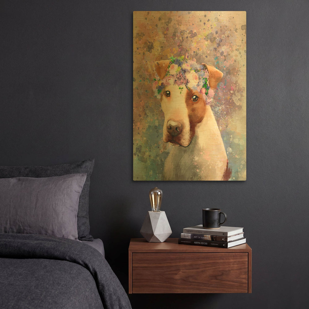 'Flower Crown Pit Bull 5' By Furbaby Affiliates Gold Metal Wall Art