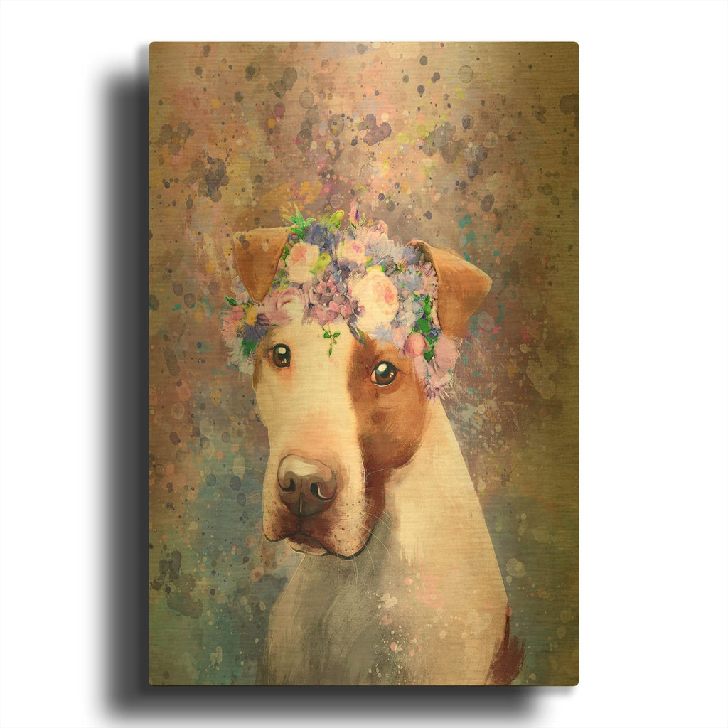'Flower Crown Pit Bull 5' By Furbaby Affiliates Gold Metal Wall Art