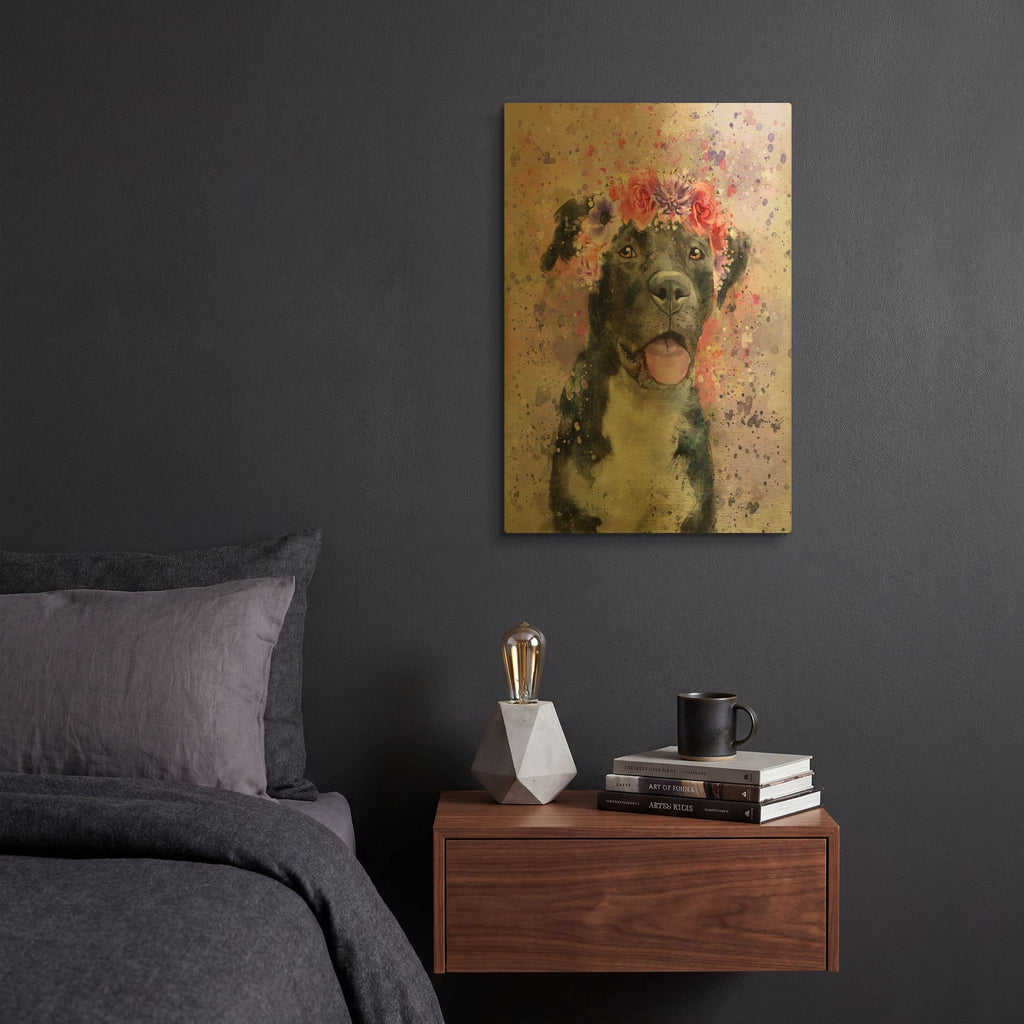 'Flower Crown Pit Bull 4' By Furbaby Affiliates Gold Metal Wall Art