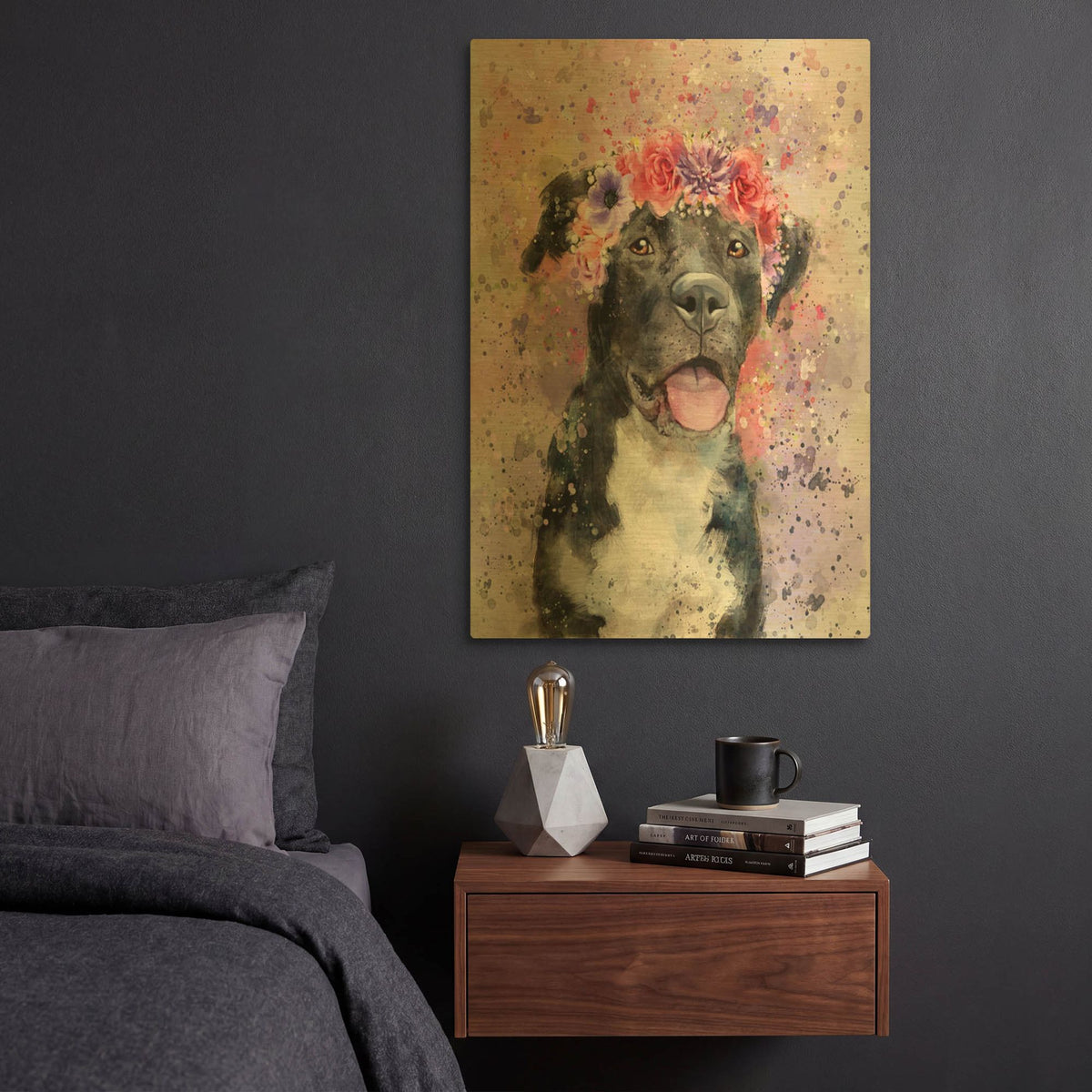 'Flower Crown Pit Bull 4' By Furbaby Affiliates Gold Metal Wall Art