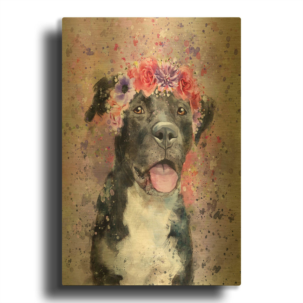 'Flower Crown Pit Bull 4' By Furbaby Affiliates Gold Metal Wall Art
