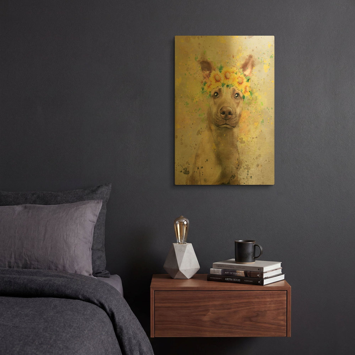 'Flower Crown Pit Bull 2' By Furbaby Affiliates Gold Metal Wall Art