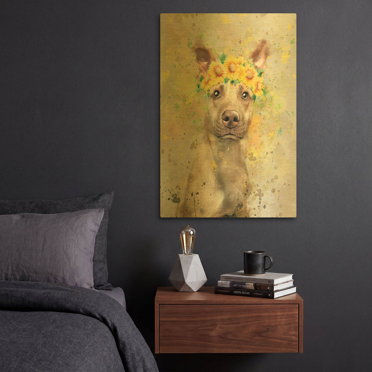 'Flower Crown Pit Bull 2' By Furbaby Affiliates Gold Metal Wall Art