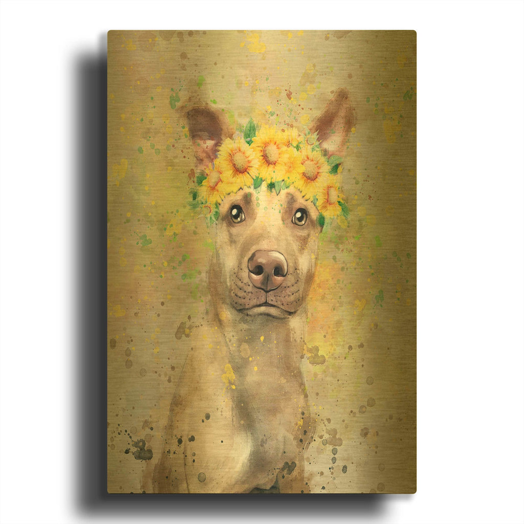'Flower Crown Pit Bull 2' By Furbaby Affiliates Gold Metal Wall Art