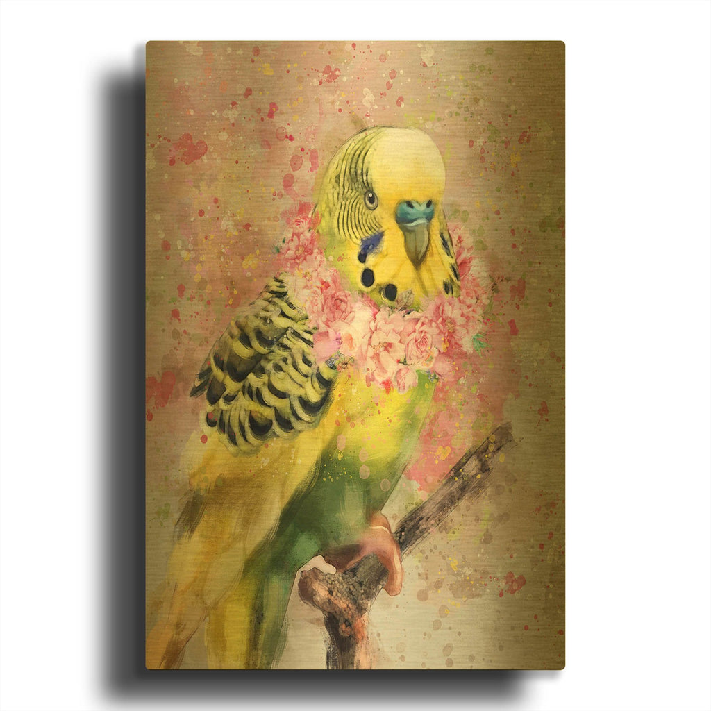 'Flower Crown Parakeet' By Furbaby Affiliates Gold Metal Wall Art