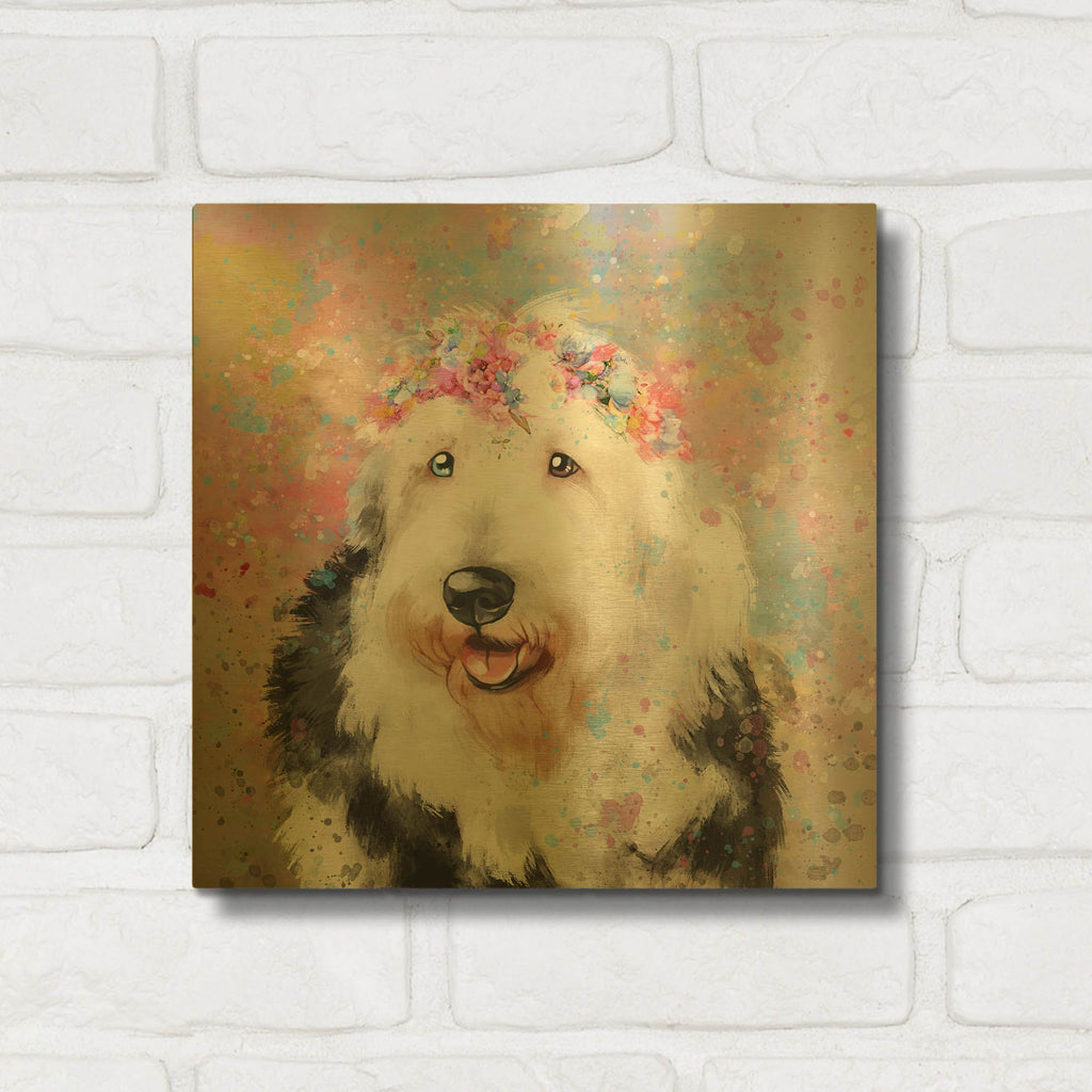 'Flower Crown Old English Sheepdog' By Furbaby Affiliates Gold Metal Wall Art