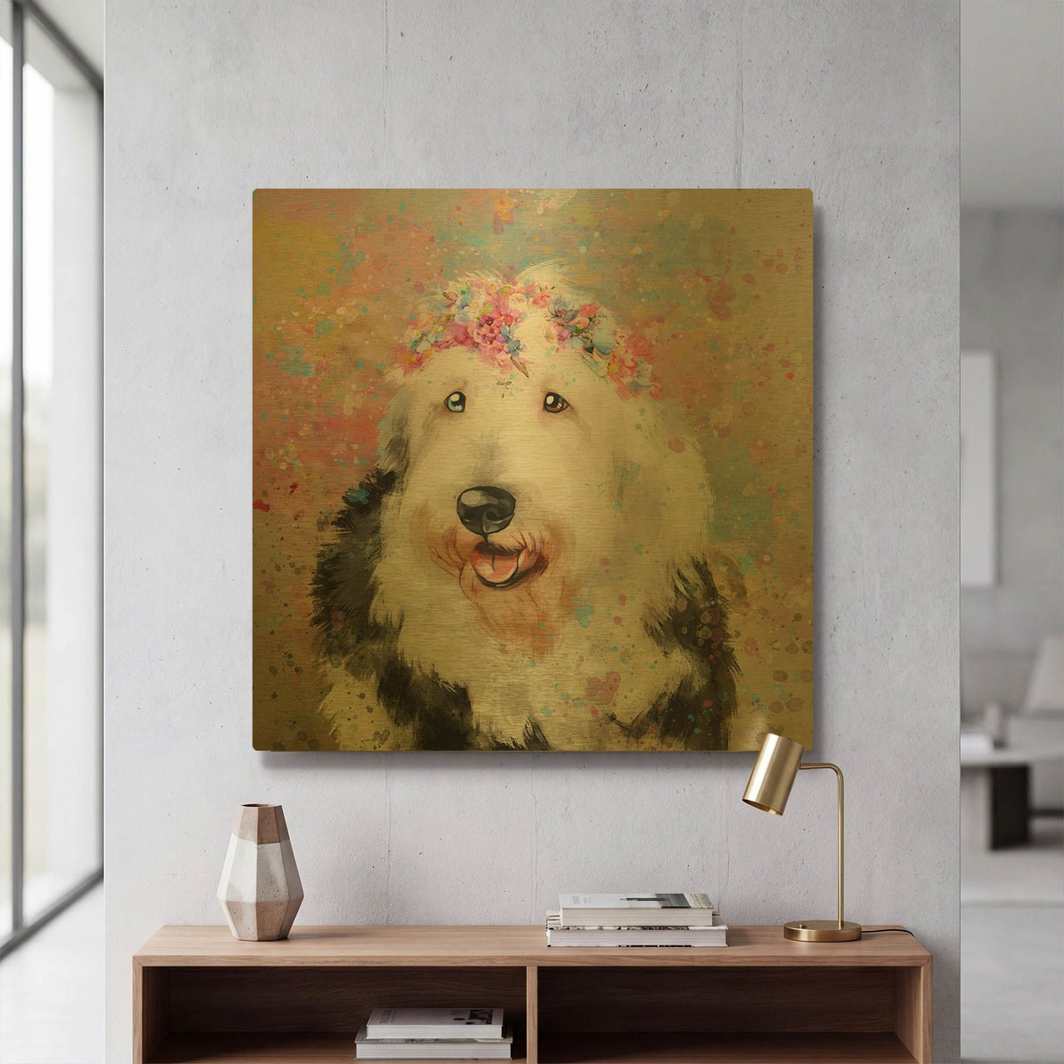 'Flower Crown Old English Sheepdog' By Furbaby Affiliates Gold Metal Wall Art