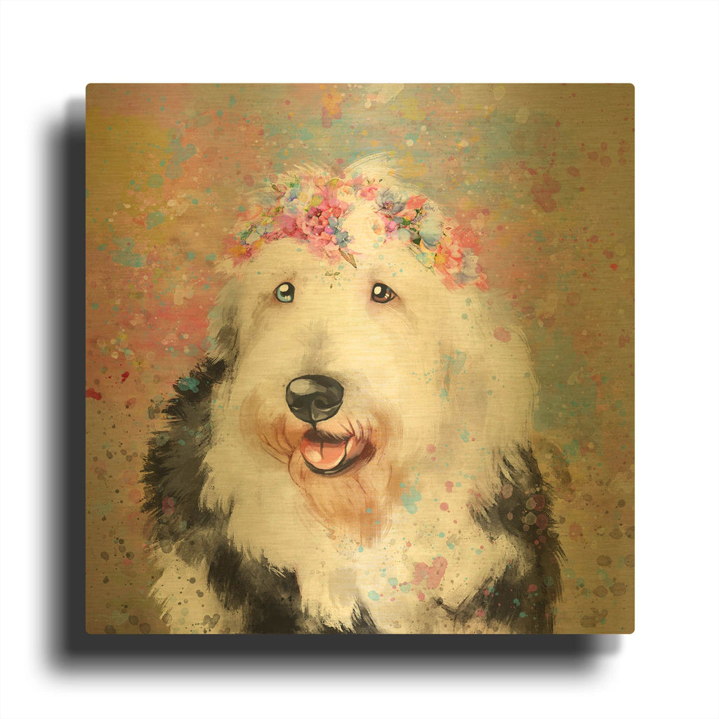 'Flower Crown Old English Sheepdog' By Furbaby Affiliates Gold Metal Wall Art