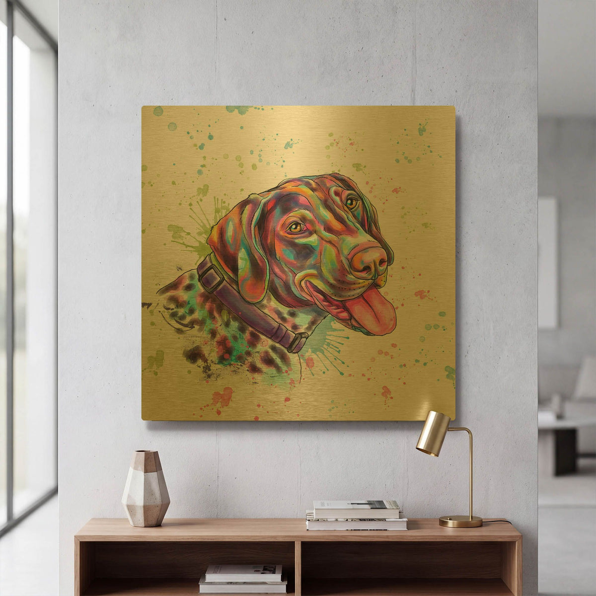 'Colorful Watercolor German Shorthaired Pointer' By Furbaby Affiliates Gold Metal Wall Art