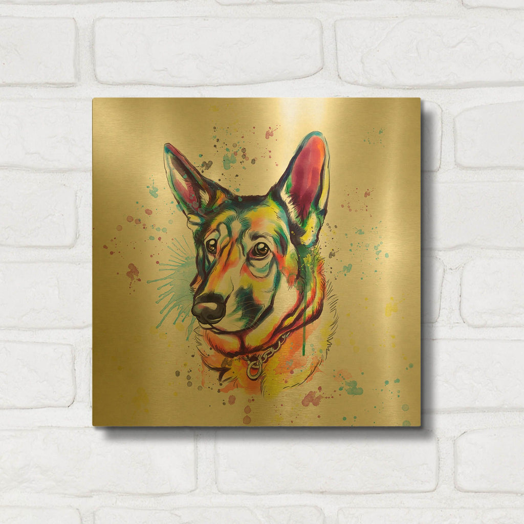 'Colorful Watercolor German Shepherd' By Furbaby Affiliates Gold Metal Wall Art