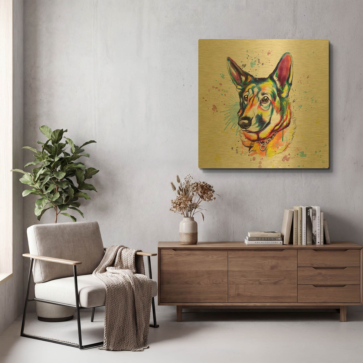 'Colorful Watercolor German Shepherd' By Furbaby Affiliates Gold Metal Wall Art
