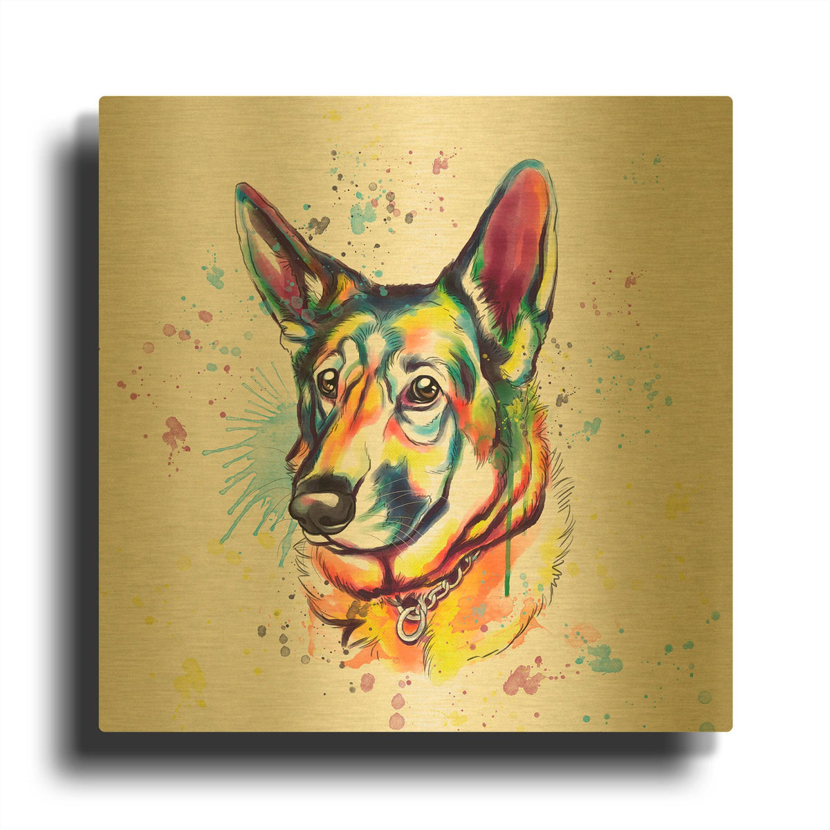 'Colorful Watercolor German Shepherd' By Furbaby Affiliates Gold Metal Wall Art