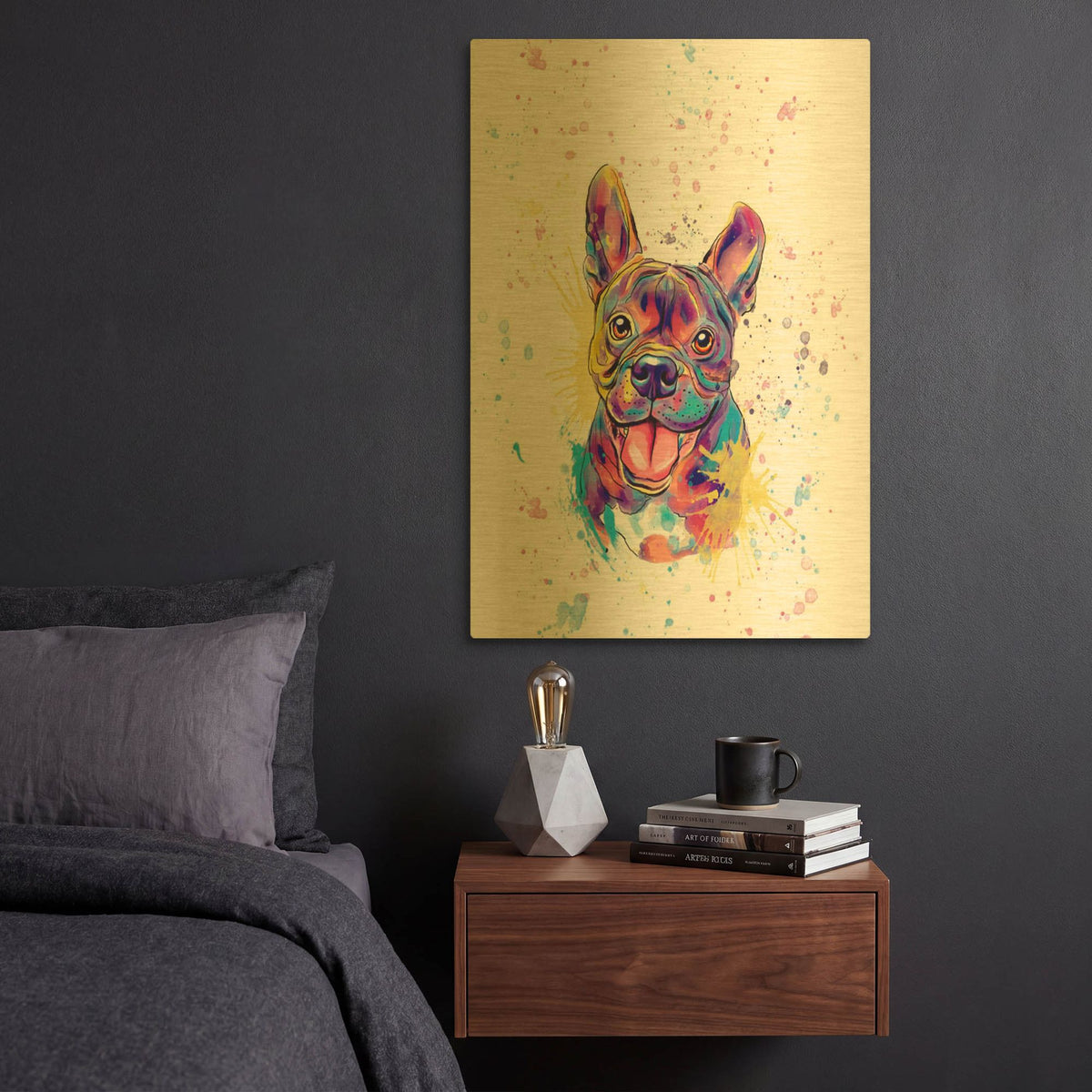 'Colorful Watercolor French Bulldog' By Furbaby Affiliates Gold Metal Wall Art
