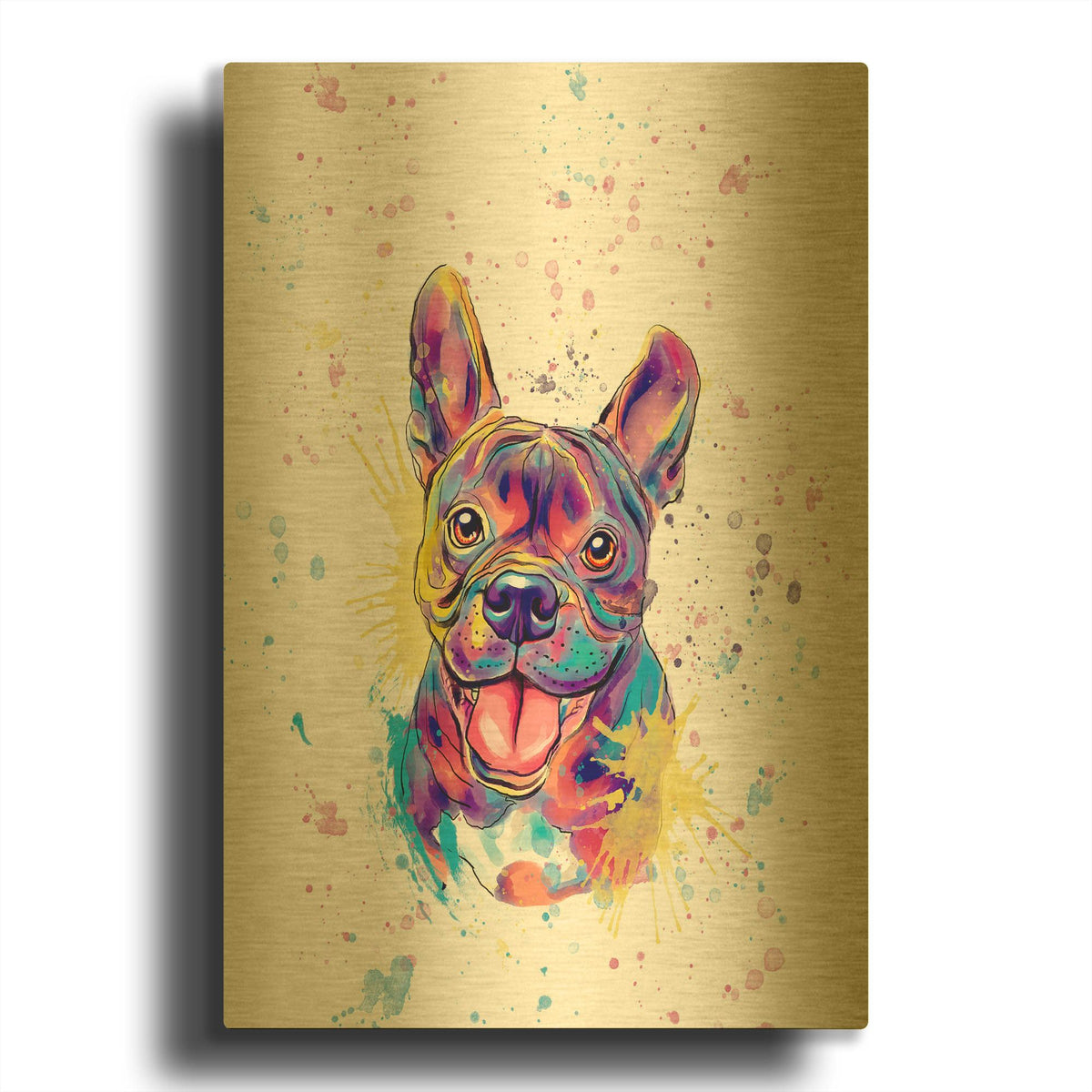 'Colorful Watercolor French Bulldog' By Furbaby Affiliates Gold Metal Wall Art