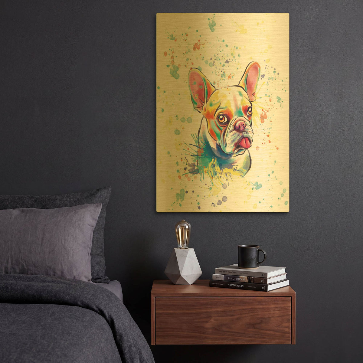 'Colorful Watercolor French Bulldog 2' By Furbaby Affiliates Gold Metal Wall Art