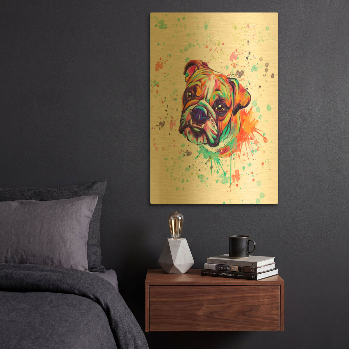 'Colorful Watercolor English Bulldog' By Furbaby Affiliates Gold Metal Wall Art