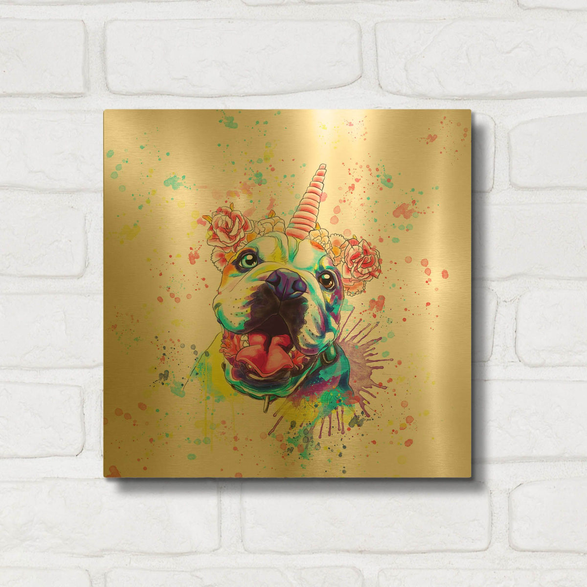 'Colorful Watercolor English Bulldog 2' By Furbaby Affiliates Gold Metal Wall Art