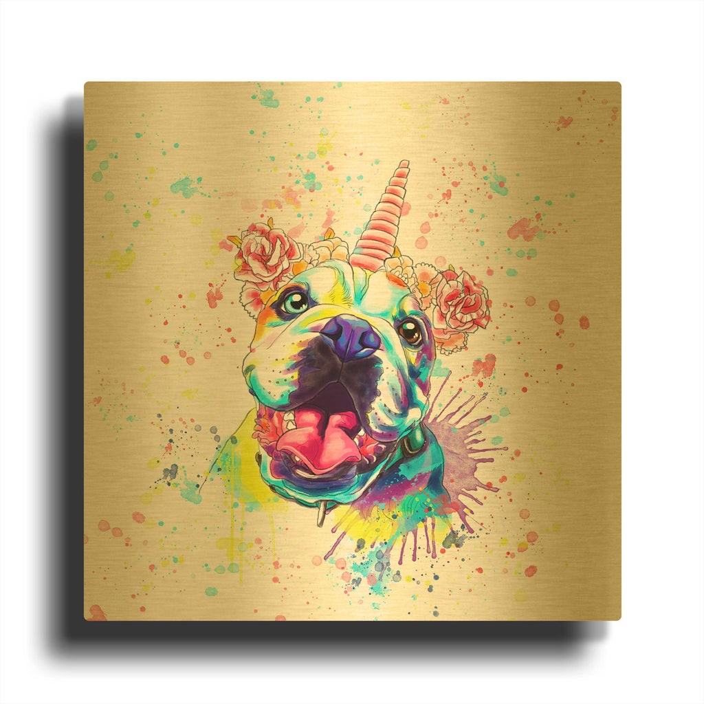 'Colorful Watercolor English Bulldog 2' By Furbaby Affiliates Gold Metal Wall Art