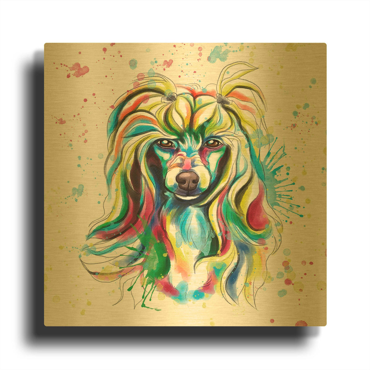 'Colorful Watercolor Chinese Crested' By Furbaby Affiliates Gold Metal Wall Art