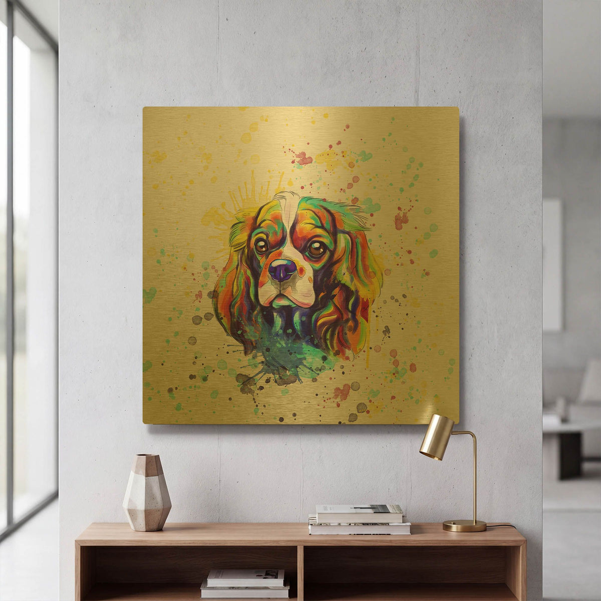 'Colorful Watercolor Cavalier King Charles Spaniel' By Furbaby Affiliates Gold Metal Wall Art