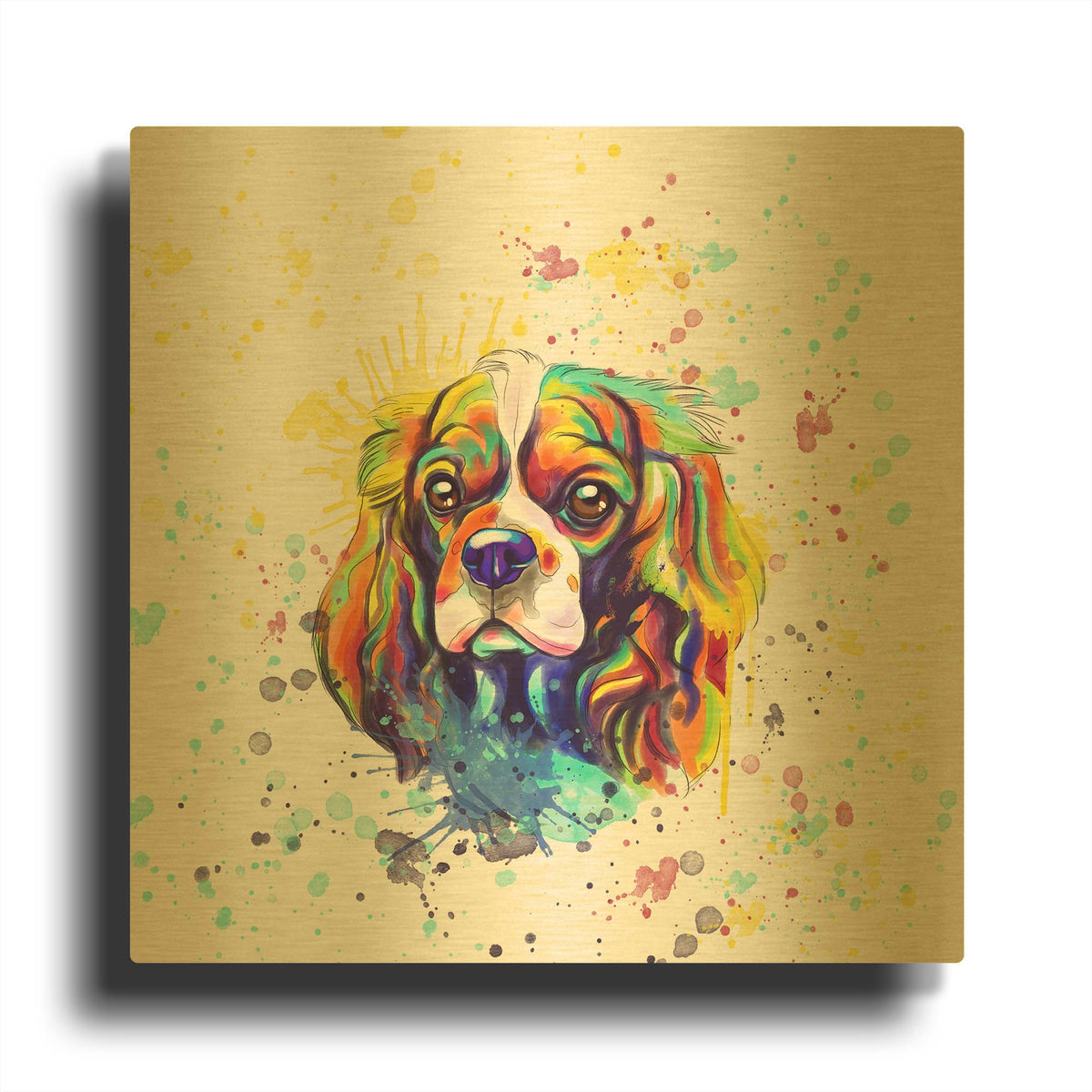 'Colorful Watercolor Cavalier King Charles Spaniel' By Furbaby Affiliates Gold Metal Wall Art