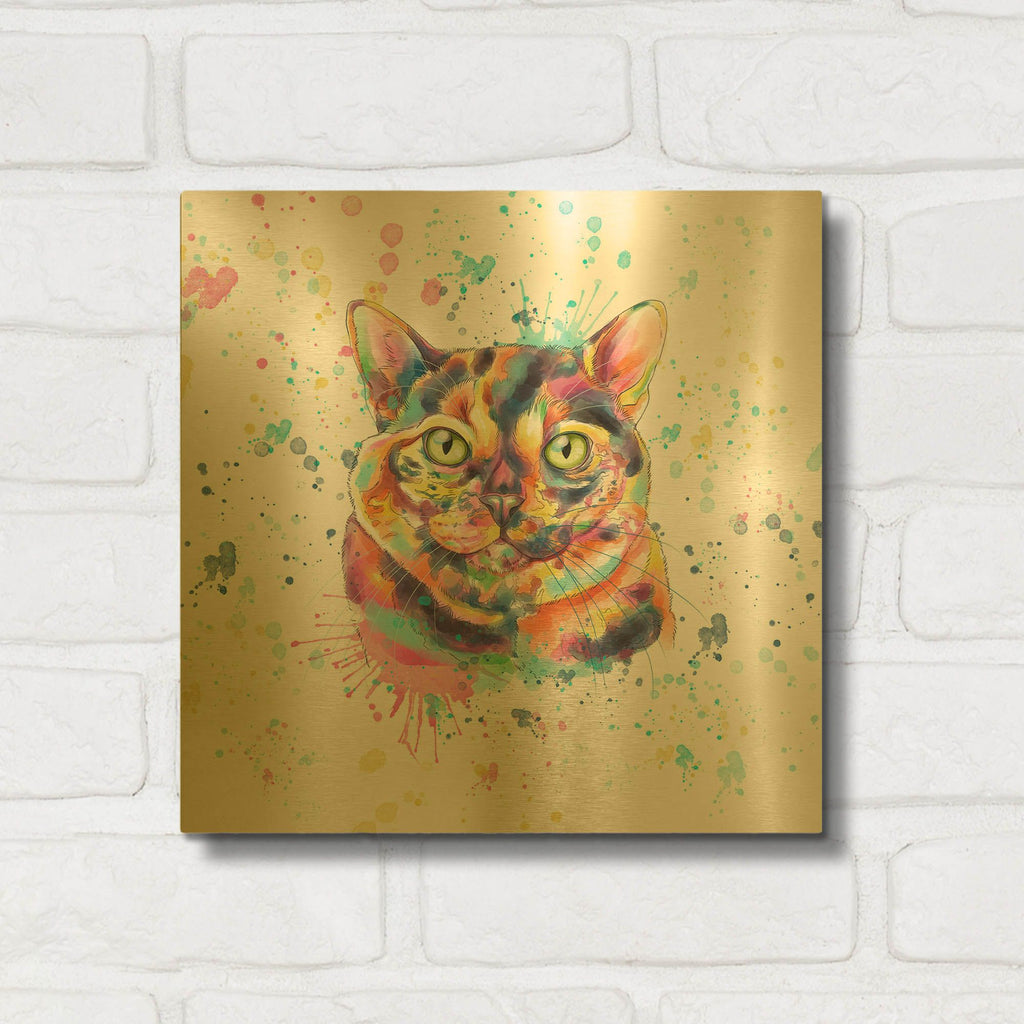 'Colorful Watercolor Calico Cat' By Furbaby Affiliates Gold Metal Wall Art