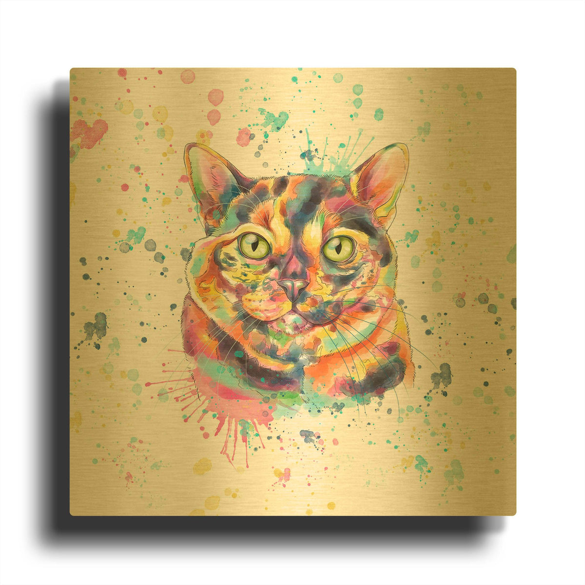 'Colorful Watercolor Calico Cat' By Furbaby Affiliates Gold Metal Wall Art