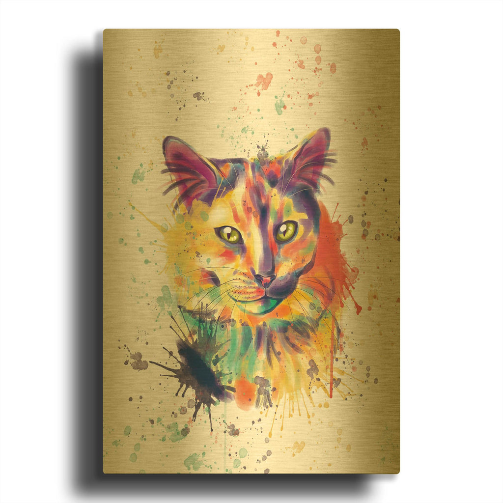 'Colorful Watercolor Calico Cat 2' By Furbaby Affiliates Gold Metal Wall Art