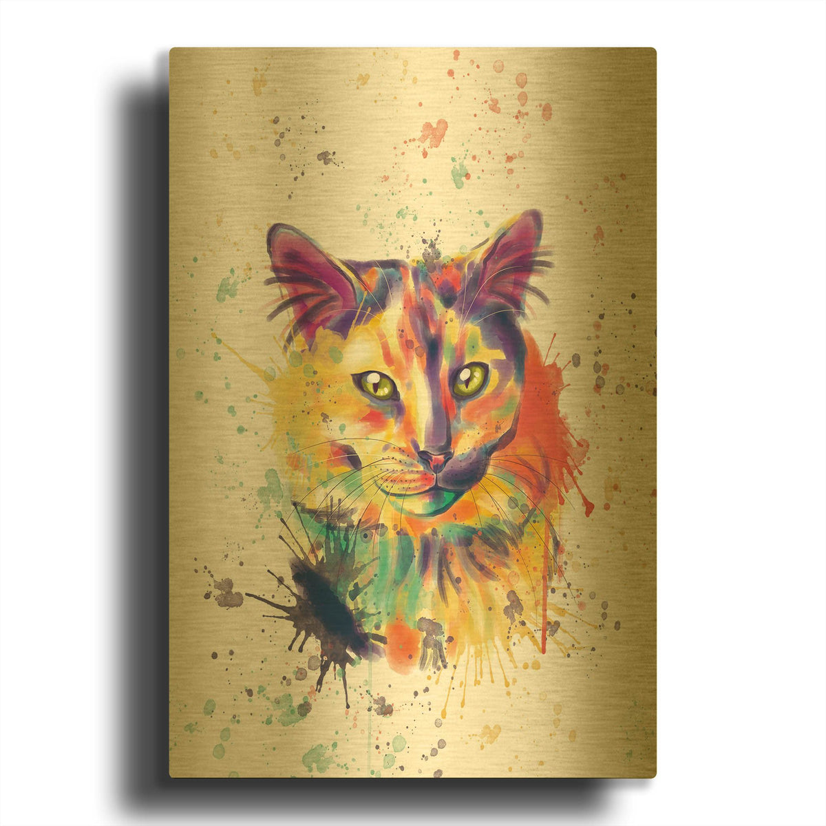 'Colorful Watercolor Calico Cat 2' By Furbaby Affiliates Gold Metal Wall Art