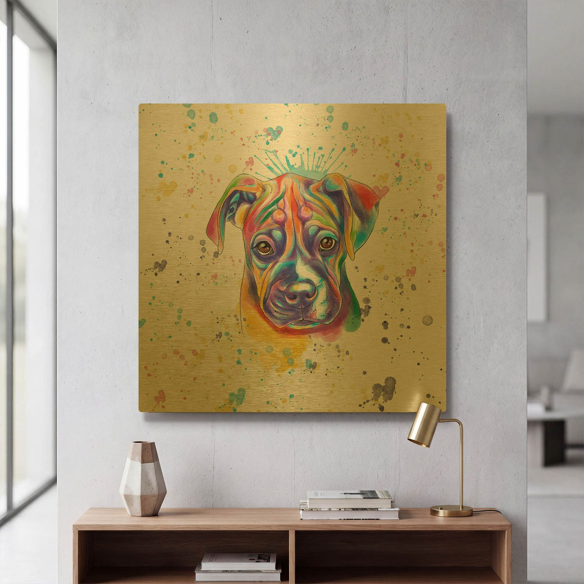 'Colorful Watercolor Boxer 2' By Furbaby Affiliates Gold Metal Wall Art