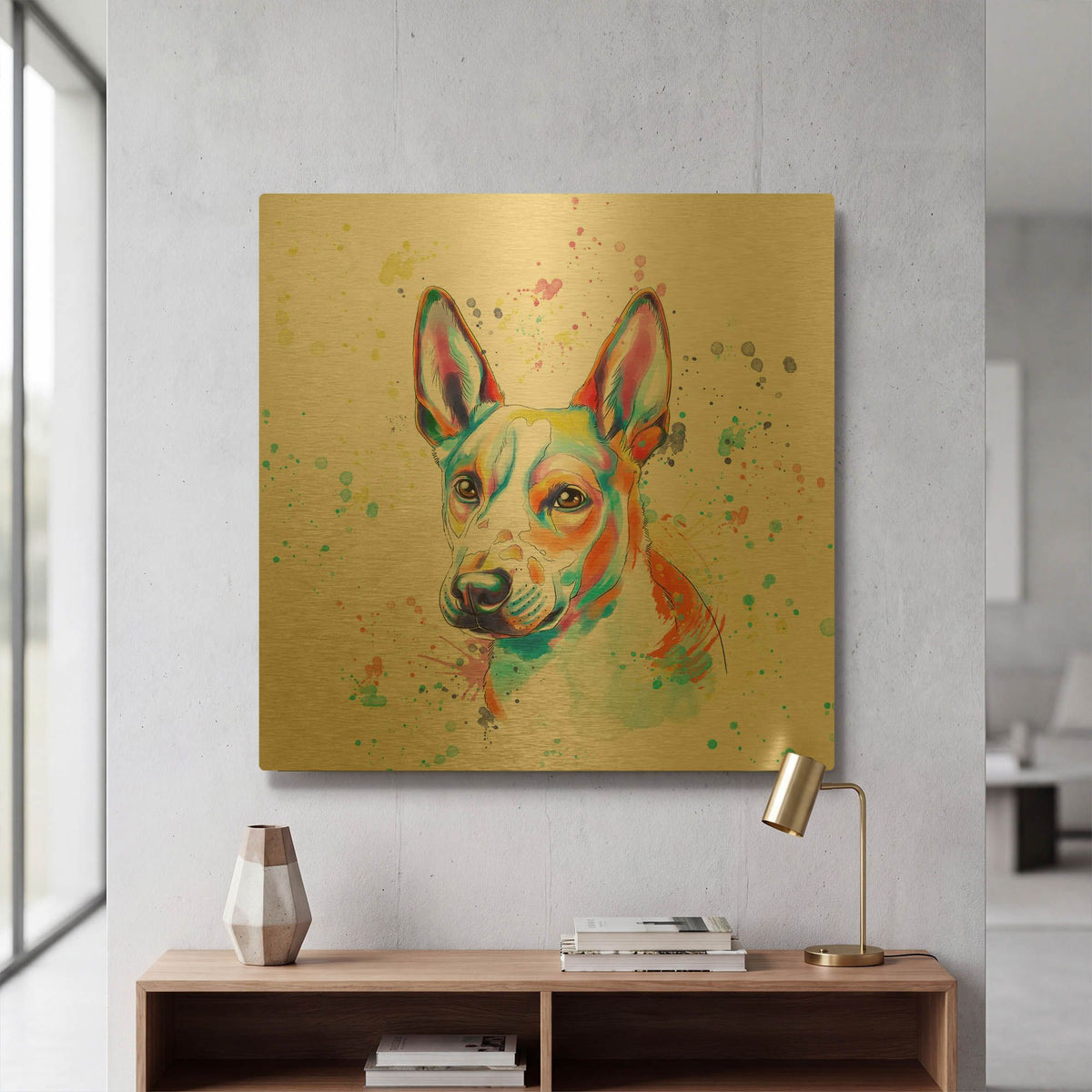 'Colorful Watercolor Basenji' By Furbaby Affiliates Gold Metal Wall Art