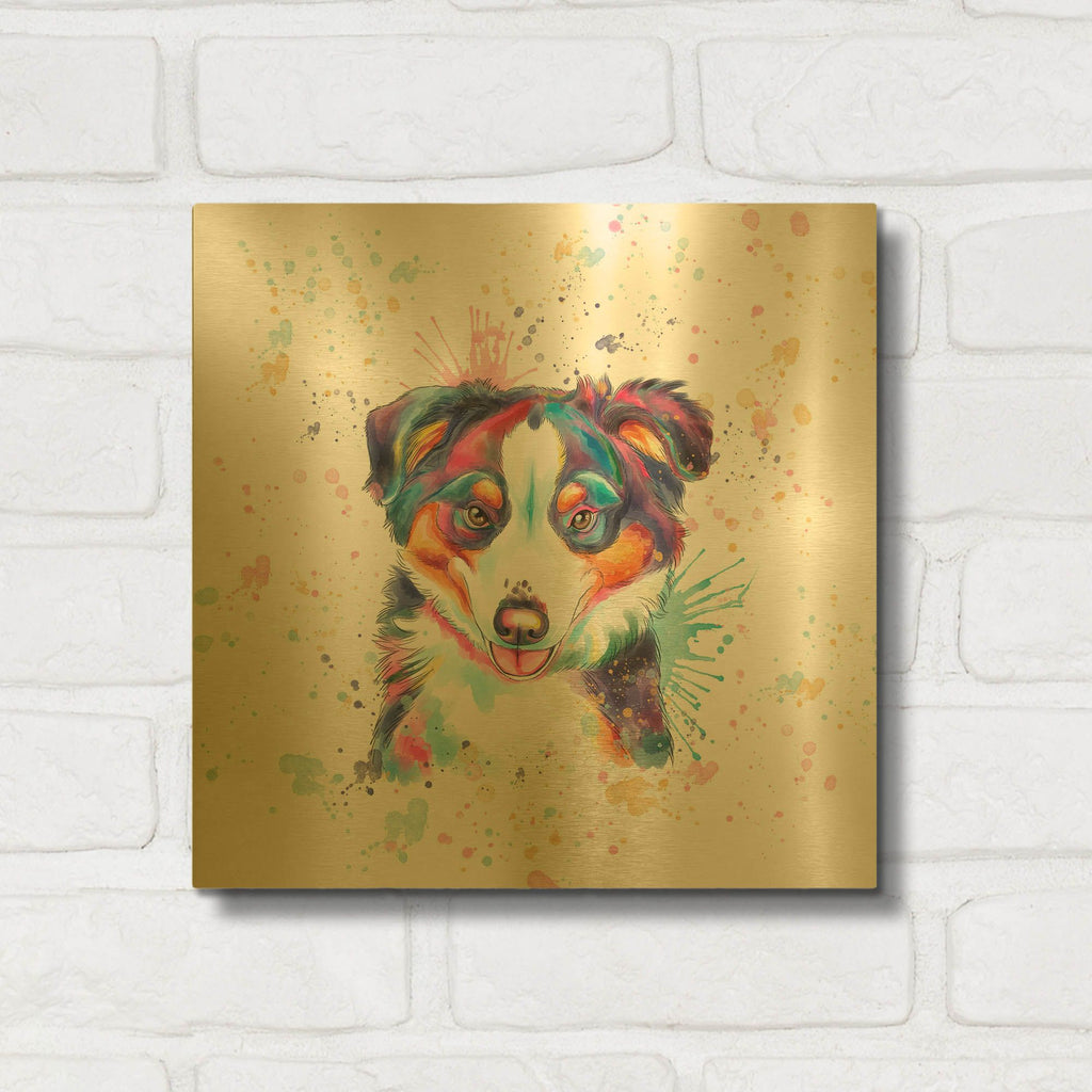 'Colorful Watercolor Australian Shepherd' By Furbaby Affiliates Gold Metal Wall Art